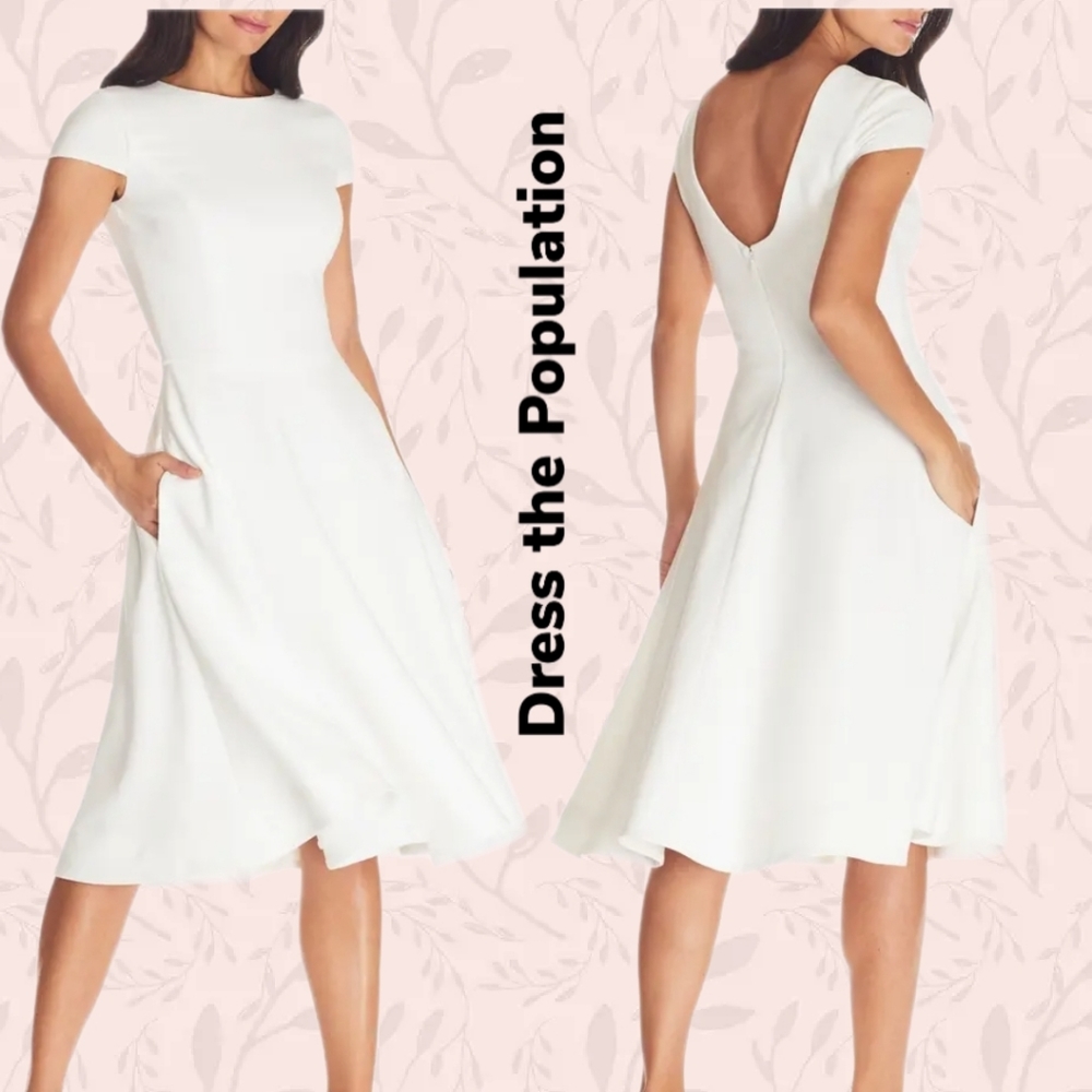 Dress The Population Livia Ivory Fit & Flare Dress Sz L Pockets Crepe Elegant.